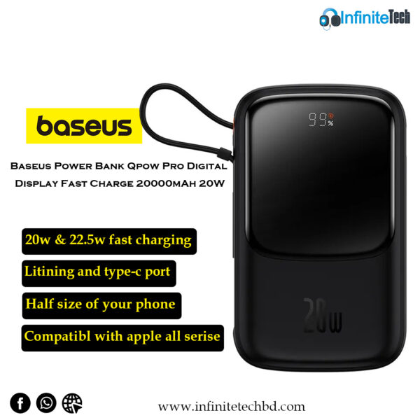 Baseus Power Bank Qpow Pro Digital Display Fast Charge 20000mAh 20W Iphone Lightning - Black Edition