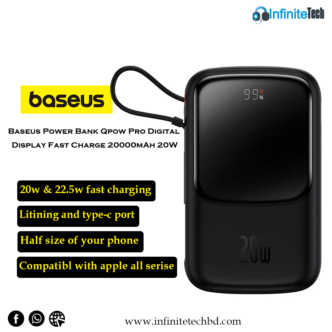 Baseus Power Bank Qpow Pro Digital Display Fast Charge 20000mAh 20W Iphone Lightning - Black Edition